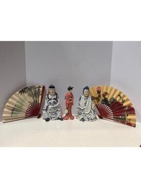 Vintage Asian Decor Lot Porcelain Figurines Geisha Folding Fans Hand Painted